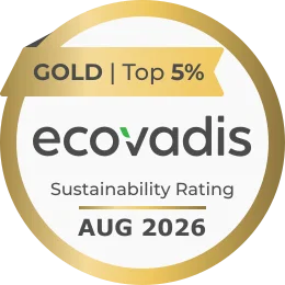 Ecovadis Gold Sustainability Rating Badge Goldene Nachhaltigkeitsauszeichnung mit Ecovadis-Logo und dem Label „Top 5 Prozent“